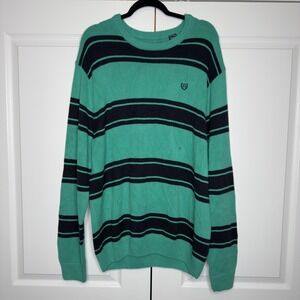 Chaps Sweater Mens XL Green Navy Stripe Classic Crew Cotton Knit Pullover